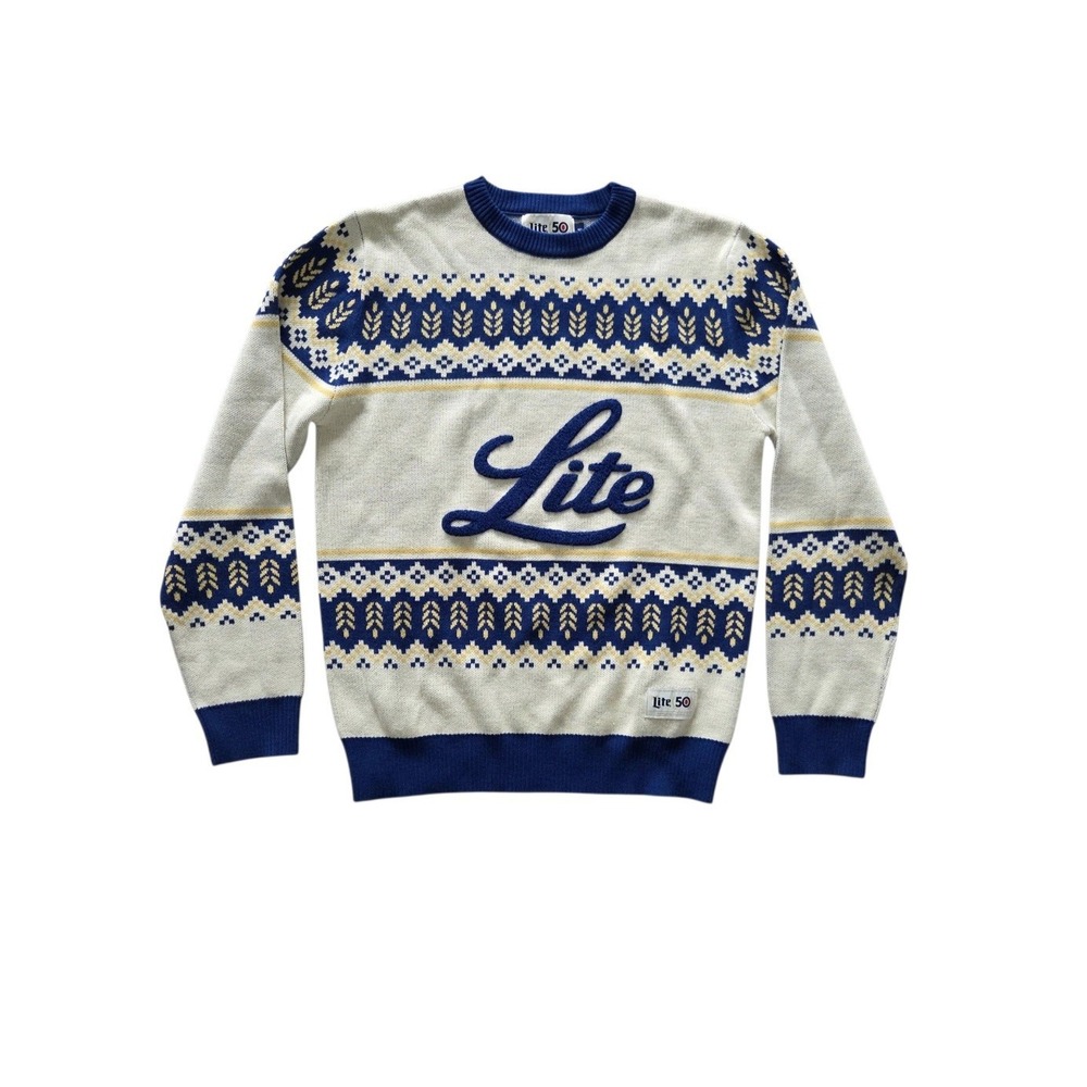 Miller Lite 50 Mens Knit Sweater M Beer Logo Fair Isle Holiday Christmas Retro